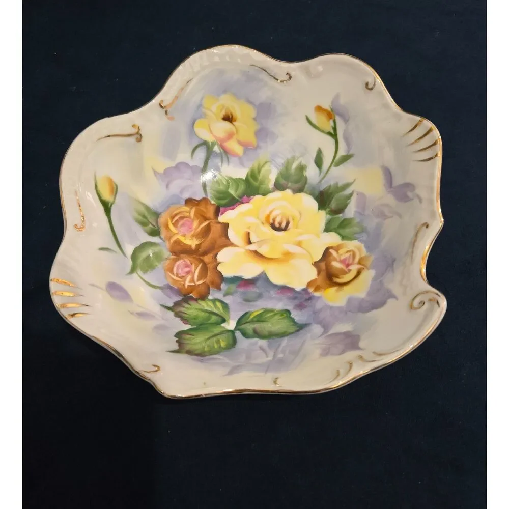 Vintage Victorian Era Scalloped Dish w/ Yellow & Brown Roses